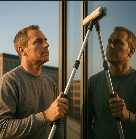 Reinigungskraft poliert eine Glasfassade mit Teleskopstange