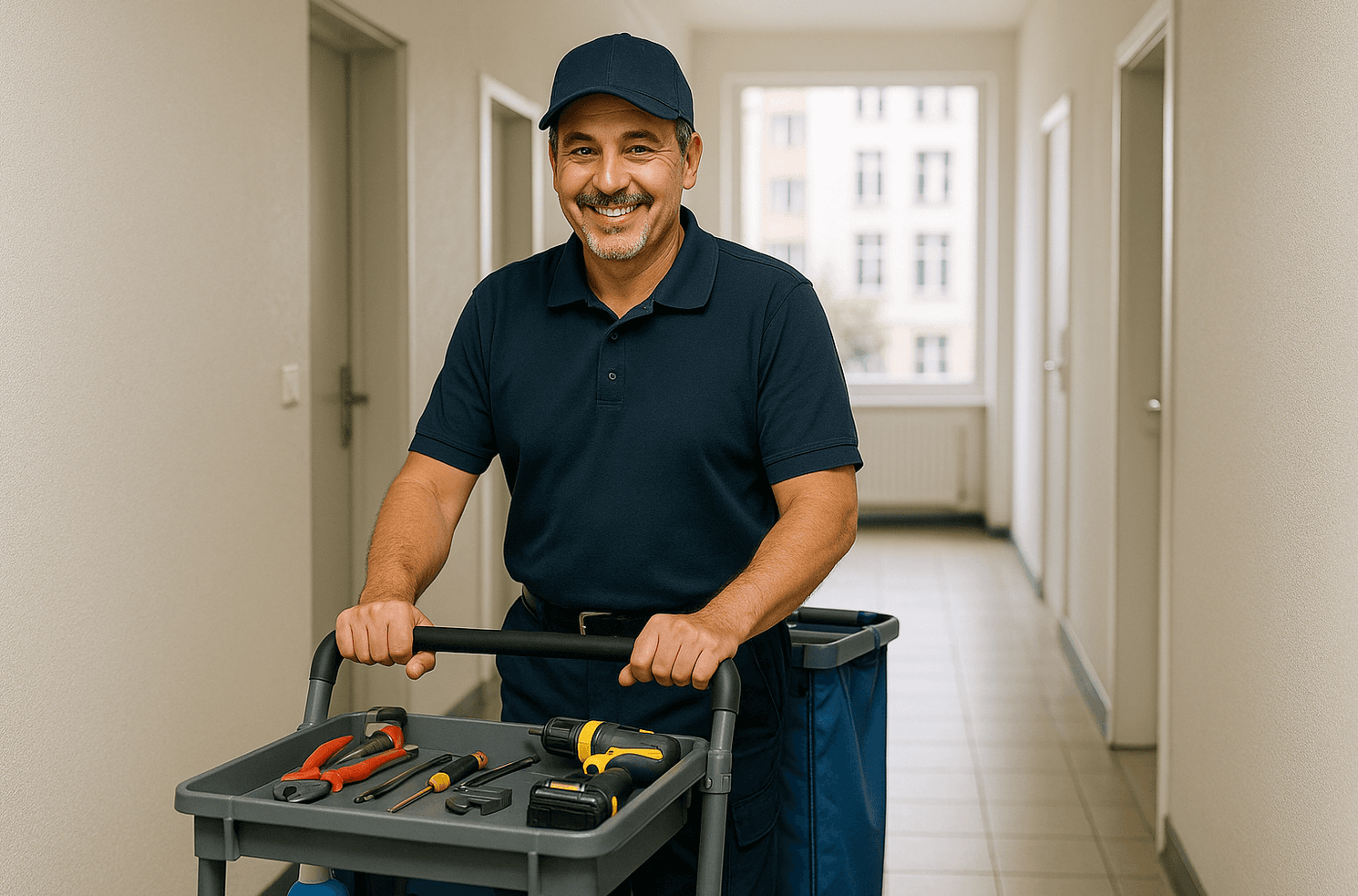 Hausmeister schiebt einen Werkzeugwagen durch ein Treppenhaus