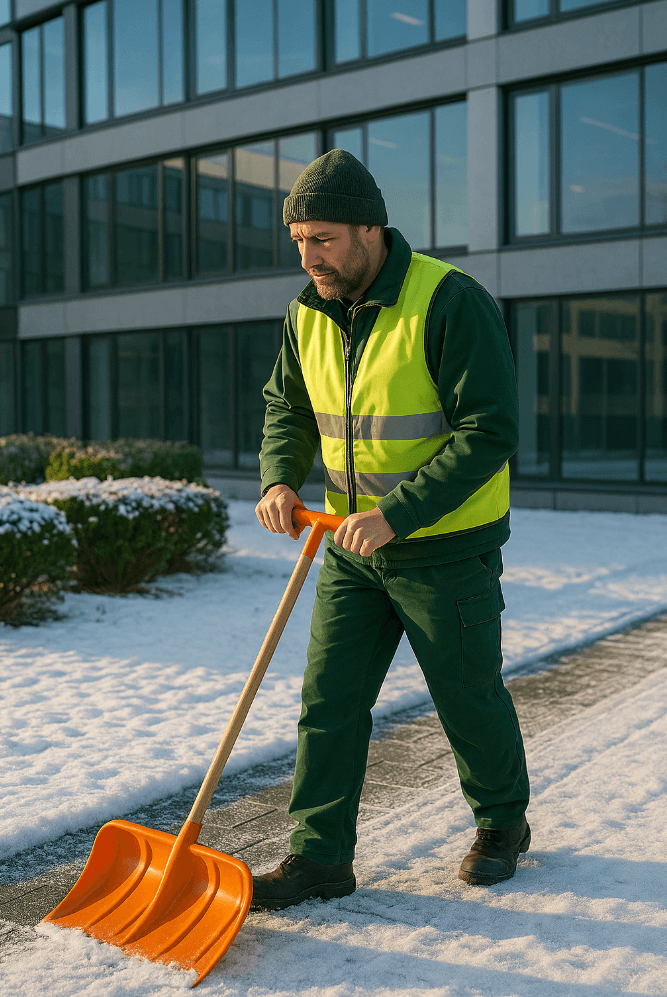 Serviceteam räumt leichten Schnee auf einem Unternehmensgelände