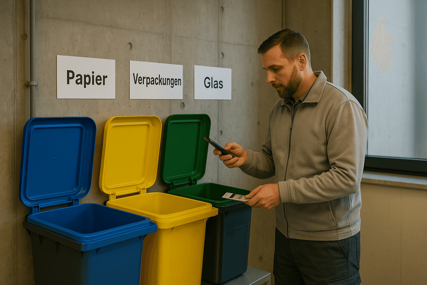 Mitarbeiterin scannt Behälter in einer sortierten Recyclingstation