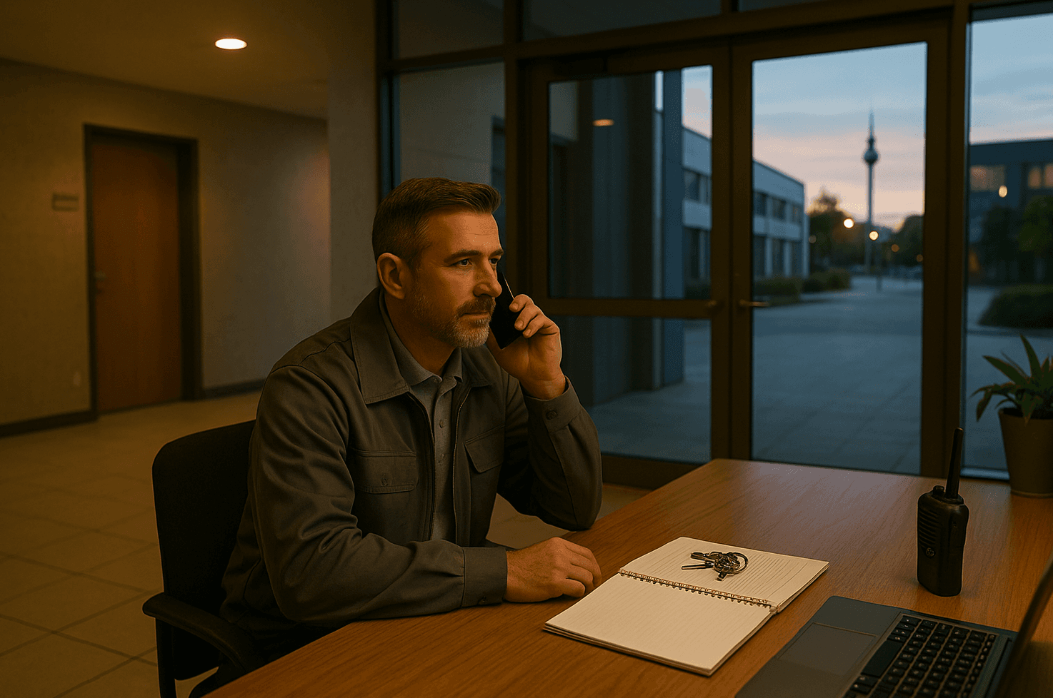 Sicherheitsmitarbeiter eines Partnerunternehmens überwacht Monitore in einer Bürolobby