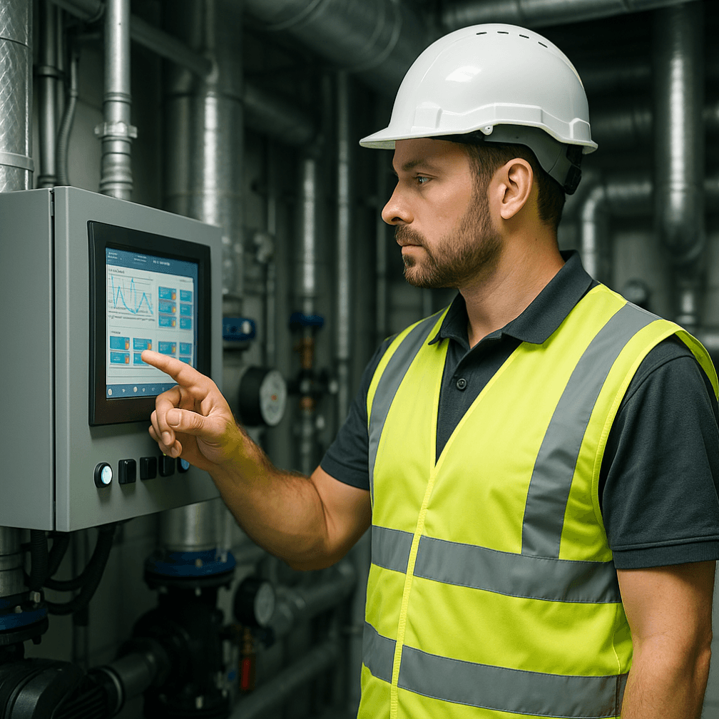 Techniker prüft eine digitale Steuerung im Technikraum